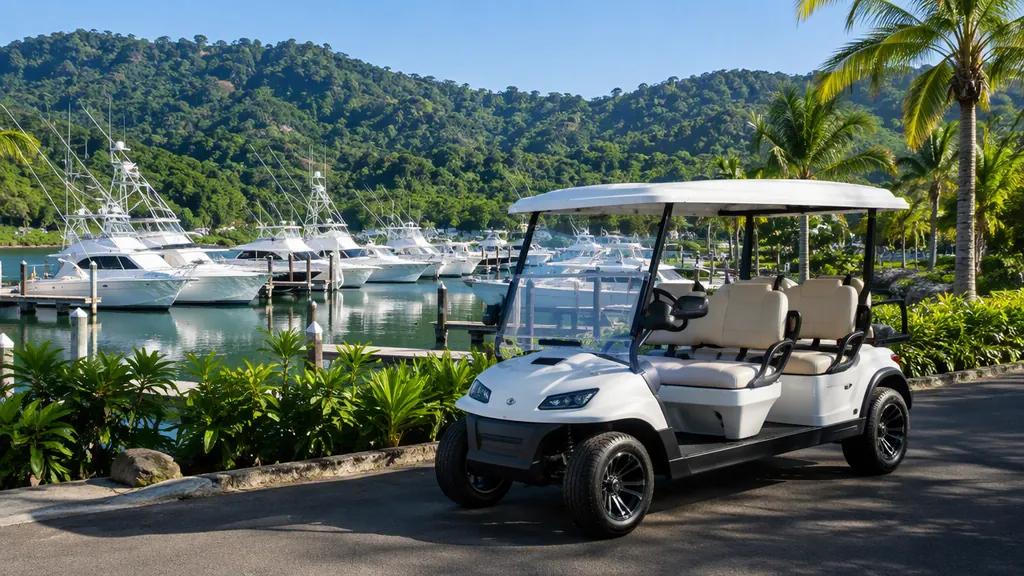 Golf cart rental at Los Sueños Resort Costa Rica overlooking the marina