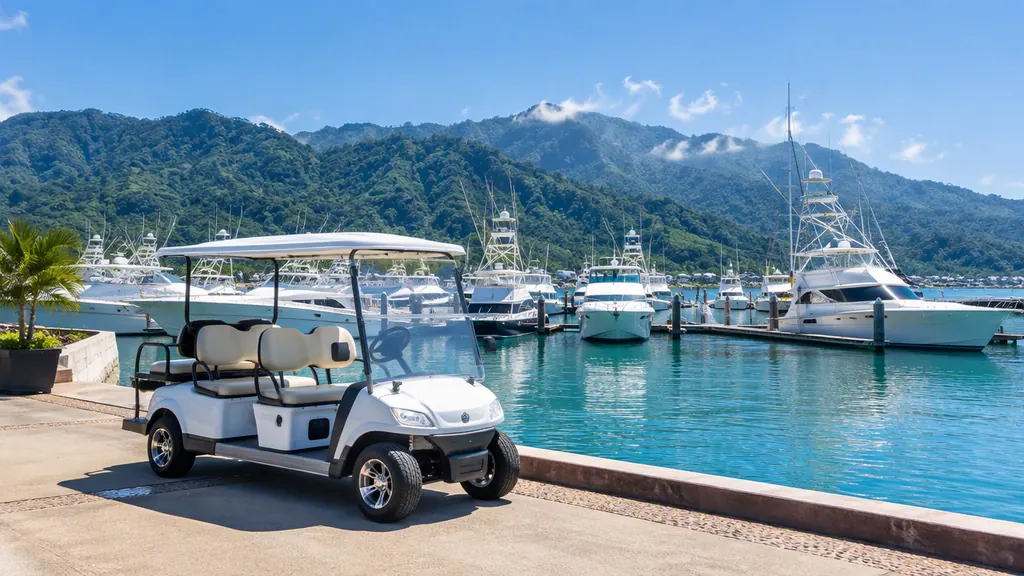 Golf cart parked by the sportfishing boats at Los Sueños Marina