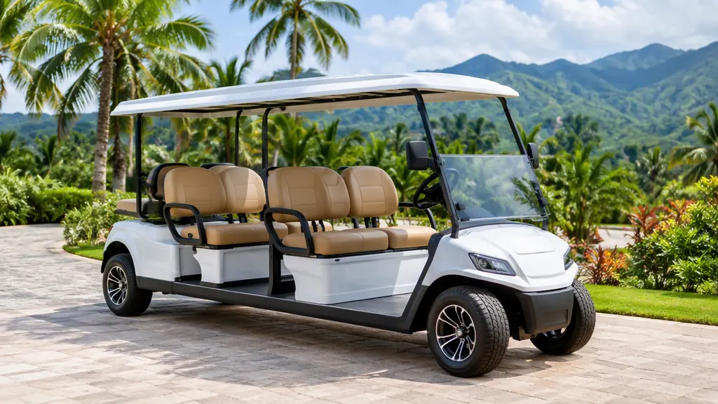 Six passenger golf cart with three rows of seats in Los Sueños, Costa Rica